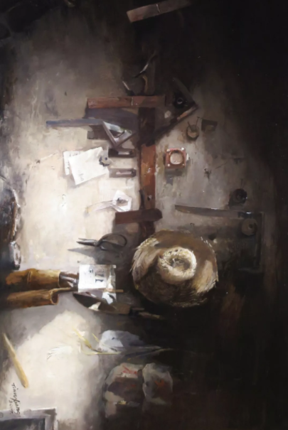 熊天祥 《鄉村日記-木工房》 油畫 130x60cm 2017年 入選第十三屆全國美展.png